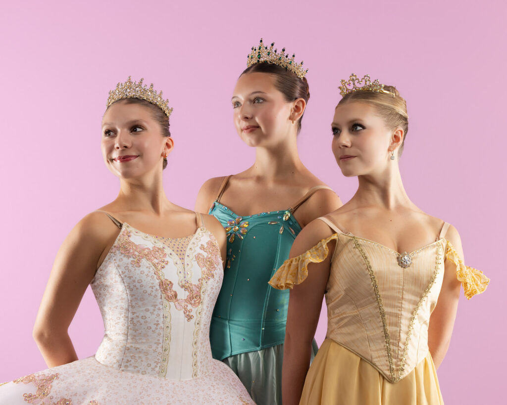 Three ballet dancers in tiaras and costume for a season campaign, Houston dance company photography