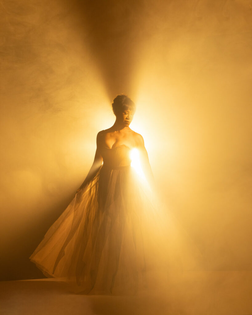 Personal branding photography in Houston, woman in a gown in golden light haze, by Ashkan Image